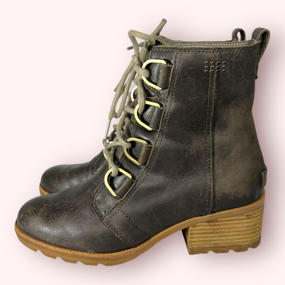 SOREL Cate Lace Up Boots Block Heel Brown Full Grain Leather Waterproof Size 7.5 - Picture 4 of 9